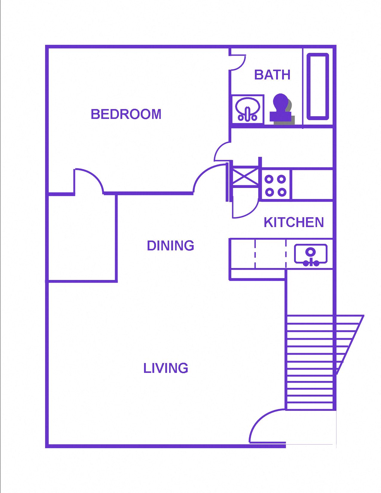 Floor plan for 1 bed, 1 bath, 723 sqft